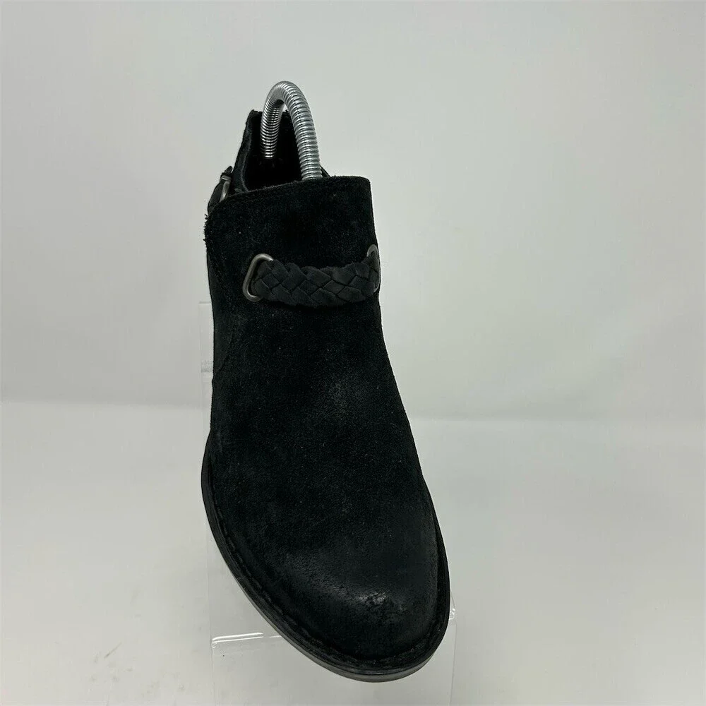 Born Sylvia Ankle Heeled Booties Black Braided Strap Buckle Back Zip Size 8